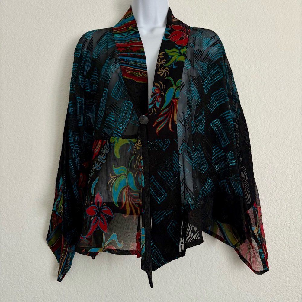 Chicos Silk Blend Kimono Sheer Jacket Patchwork Art to Wear Small